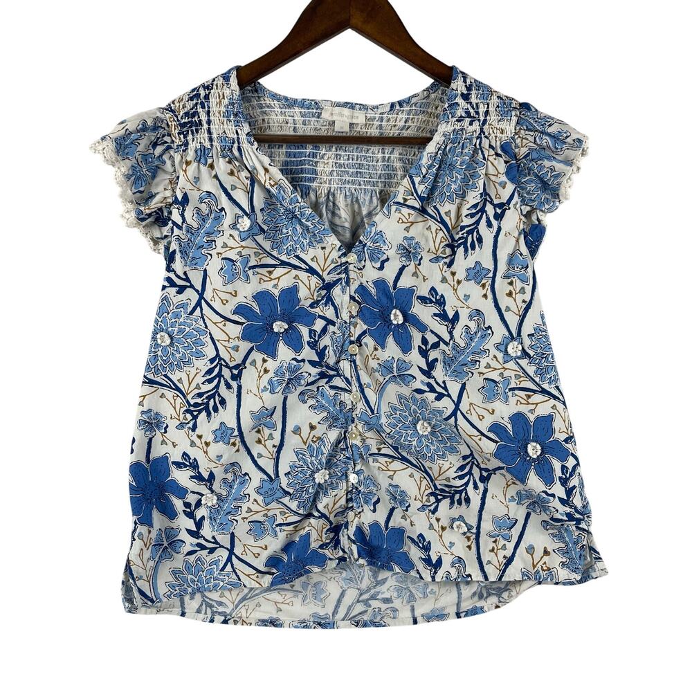 Jennifer & Grace Womens Smocked Blouse SZ M Blue Floral Block Print 100% Cotton